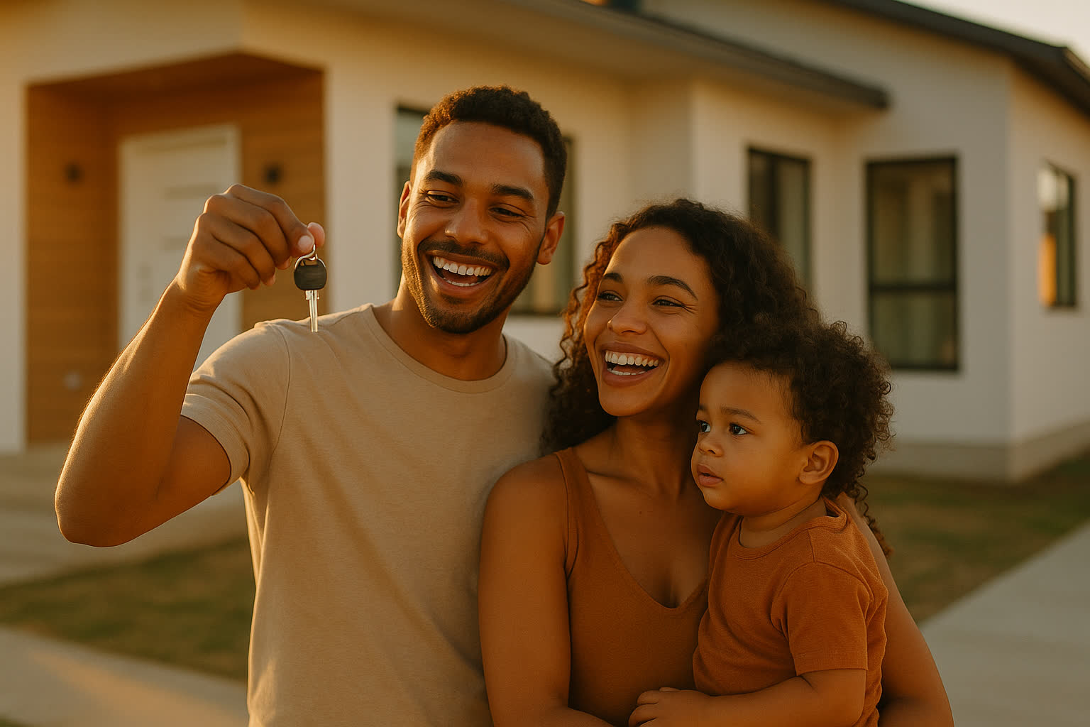 Família feliz recebendo as chaves da casa nova